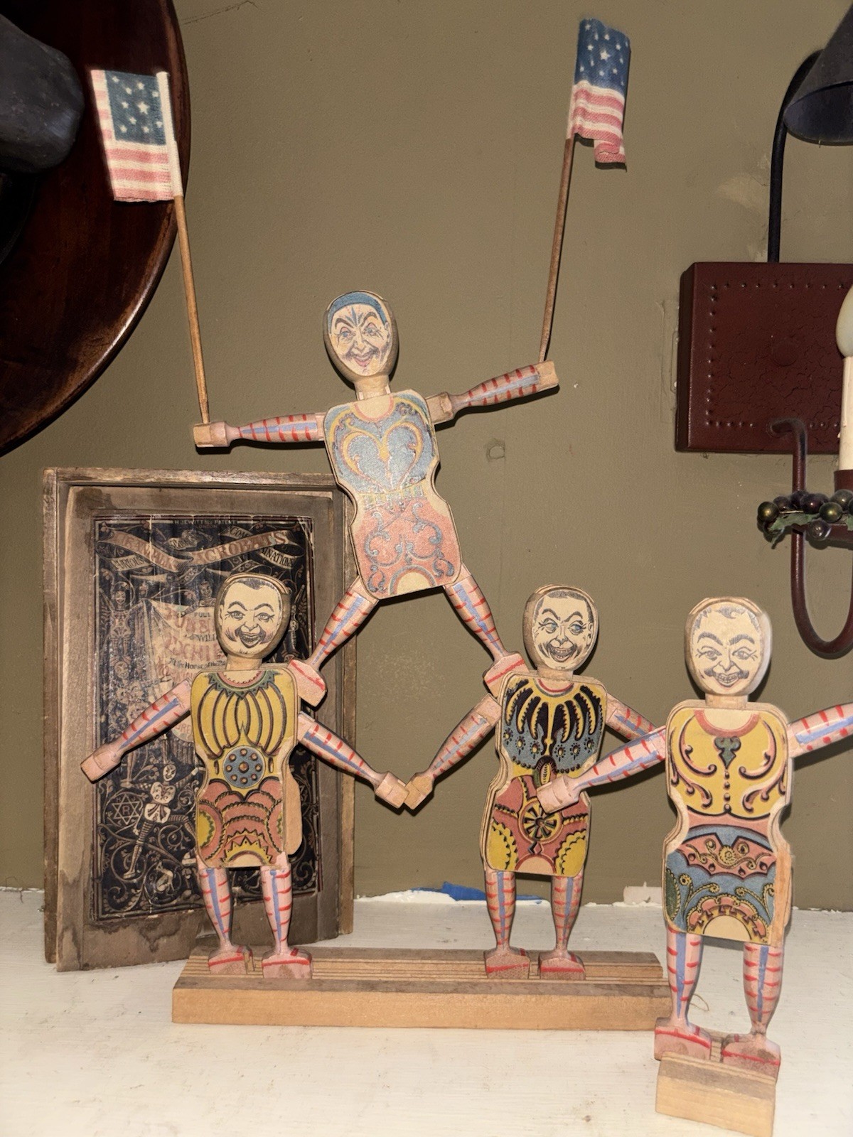 Antique 1867 Charles Martin Crandall Wooden Toy Acrobats Box And Rare Flags Antique 1867 Charles Martin Crandall Wooden Toy Acrobats Box And Rare Flags