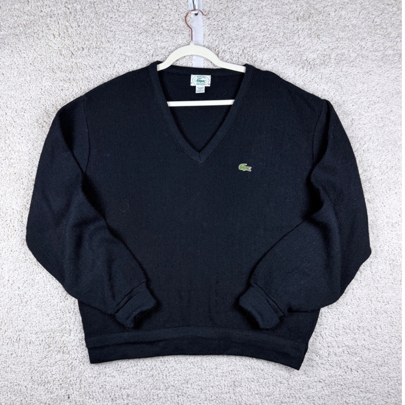 Mens Large Izod Lacoste V-Neck Sweater Navy Vintage Made in USA Acrylic Knit