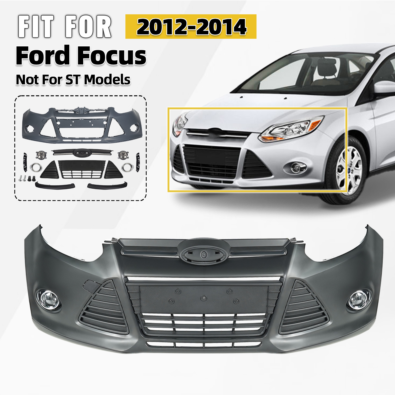 For Ford Focus 2012-2014 Front Bumper Cover Grille Assembly Kit Complete New For Ford Focus 2012-2014 Front Bumper Cover Grille Assembly Kit Complete New