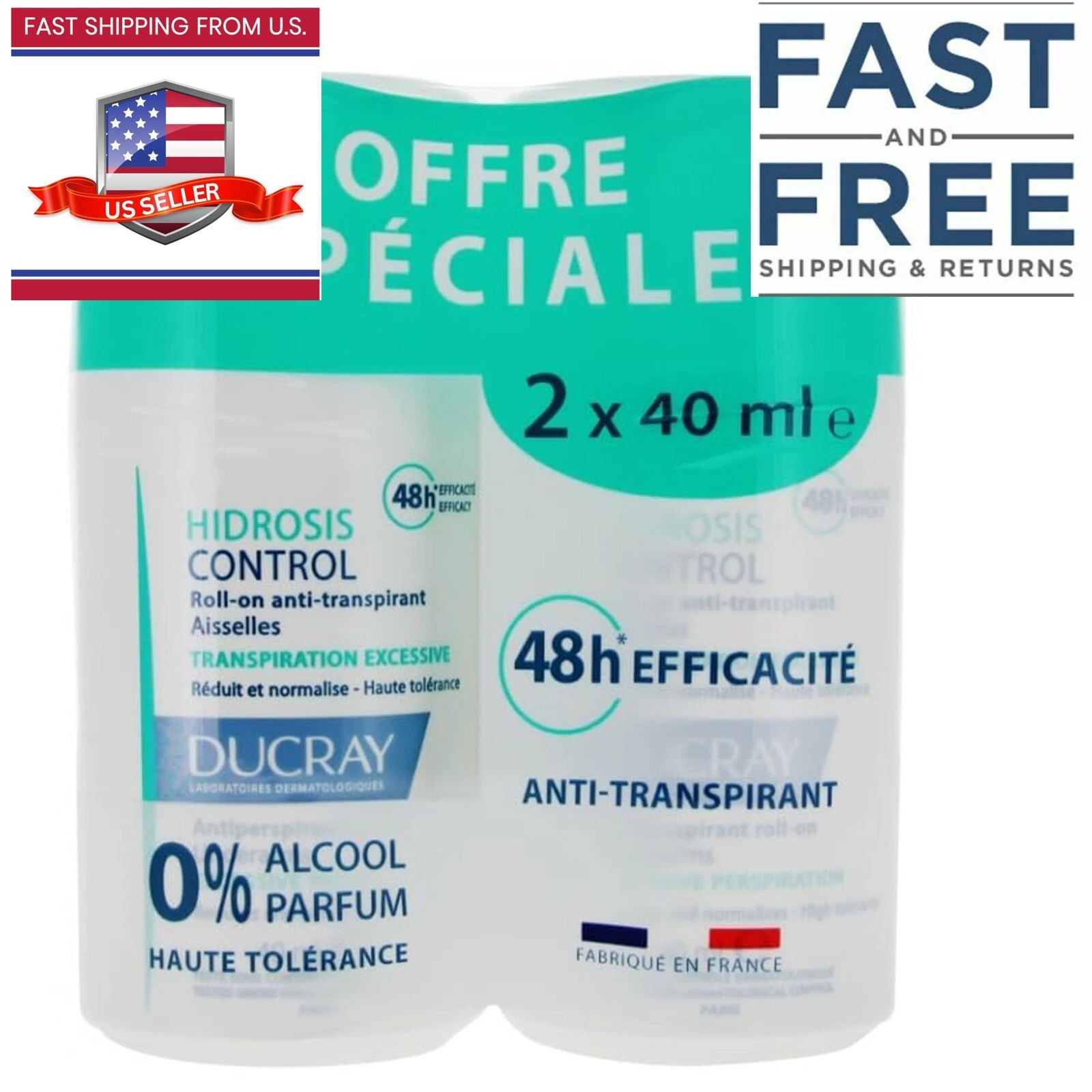 2x Ducray HIDROSIS CONTROL Roll-On Anti-Transpirant 48H 40ml.  EXP: 10/2028 NEW