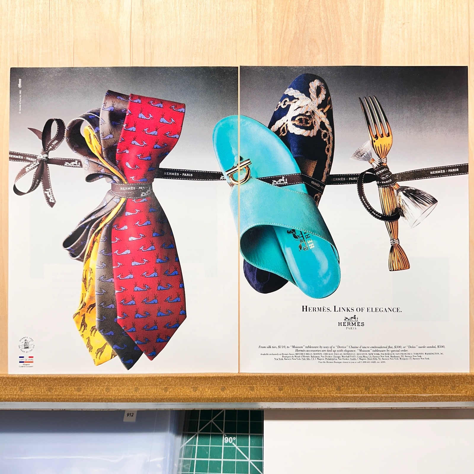 1992 Hermes Silk Ties Women’s Shoes 2 Page Vintage Print Ad Moisson Table Advert