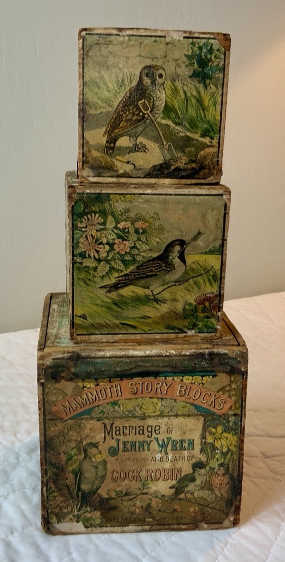 Antique Children’s Toy Stacking Blocks, 1881, Marriage Of Jenny Wren, Cock Robin