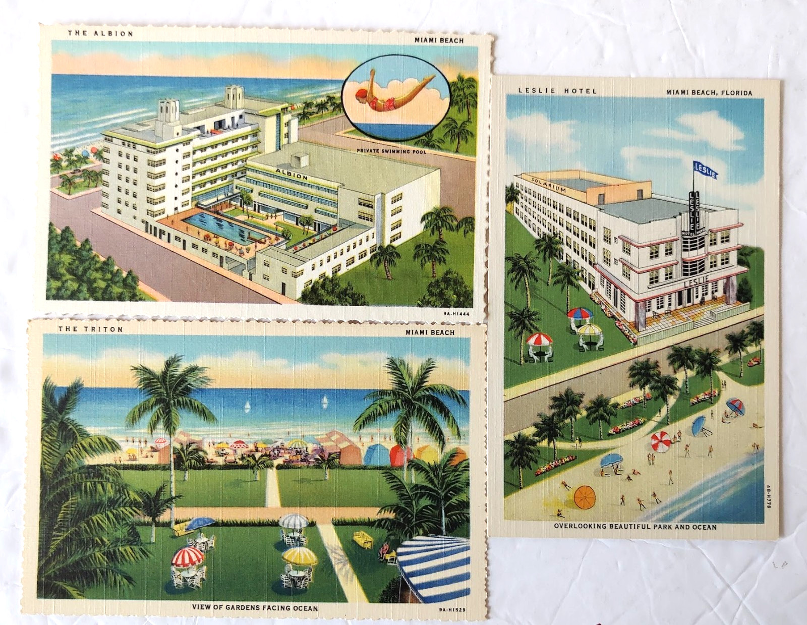 3 VTG 1930-40s MIAMI BEACH Postcards HOTEL Advertising LESLIE TRITON ALBION Mint