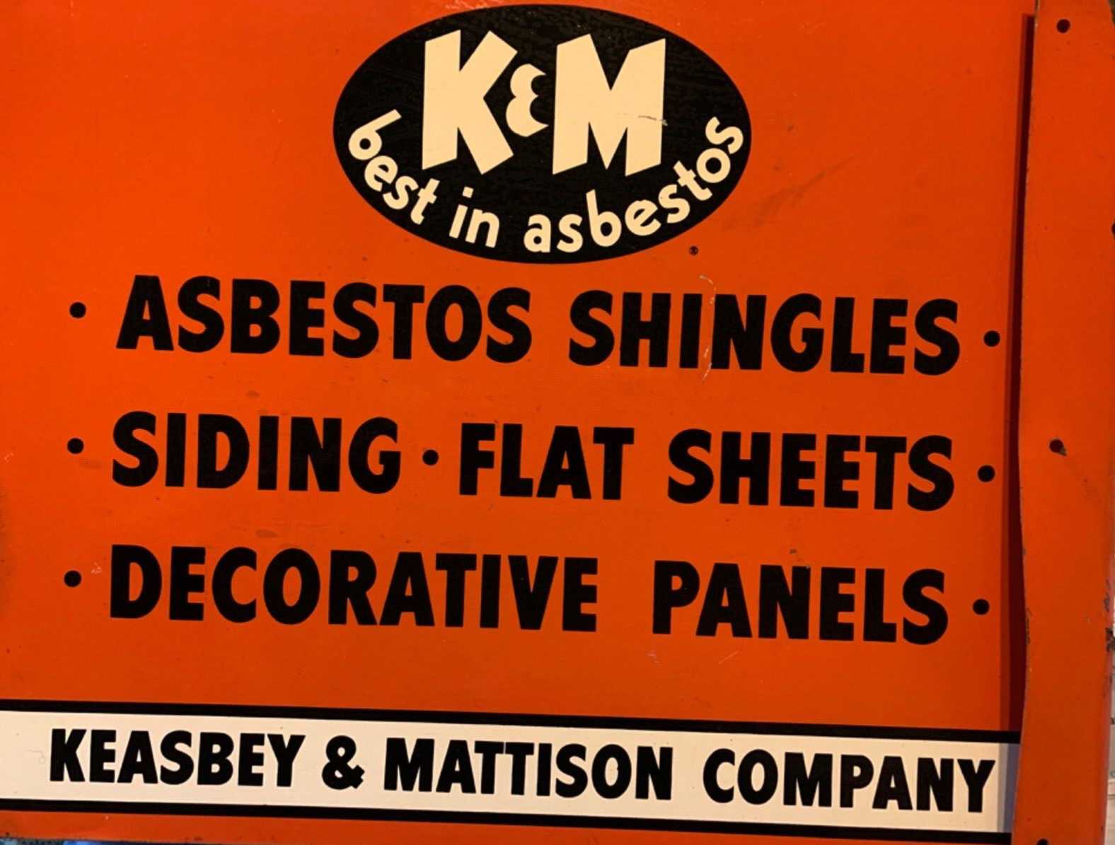 RARE Vintage K & M “Best in Asbestos” double sided porcelain/enamel flange sign