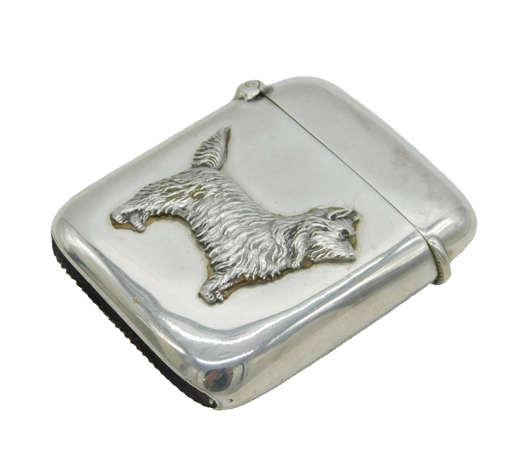 Art Deco Sterling Silver Westie Terrier Vesta Case Antique 1922 Birmingham