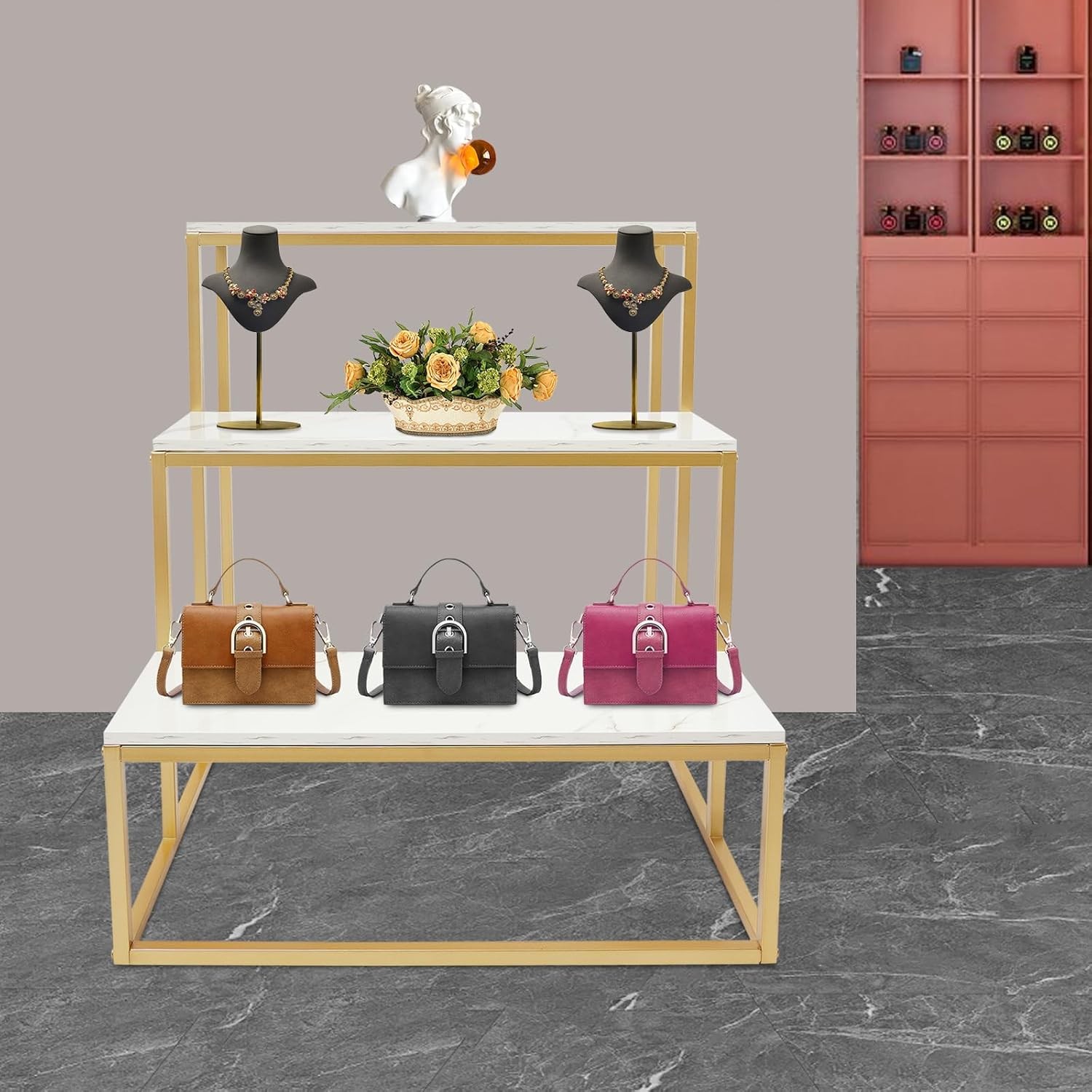 3 Tiers Metal Freestanding Industrial Display Tables with Solid Wood Board Table