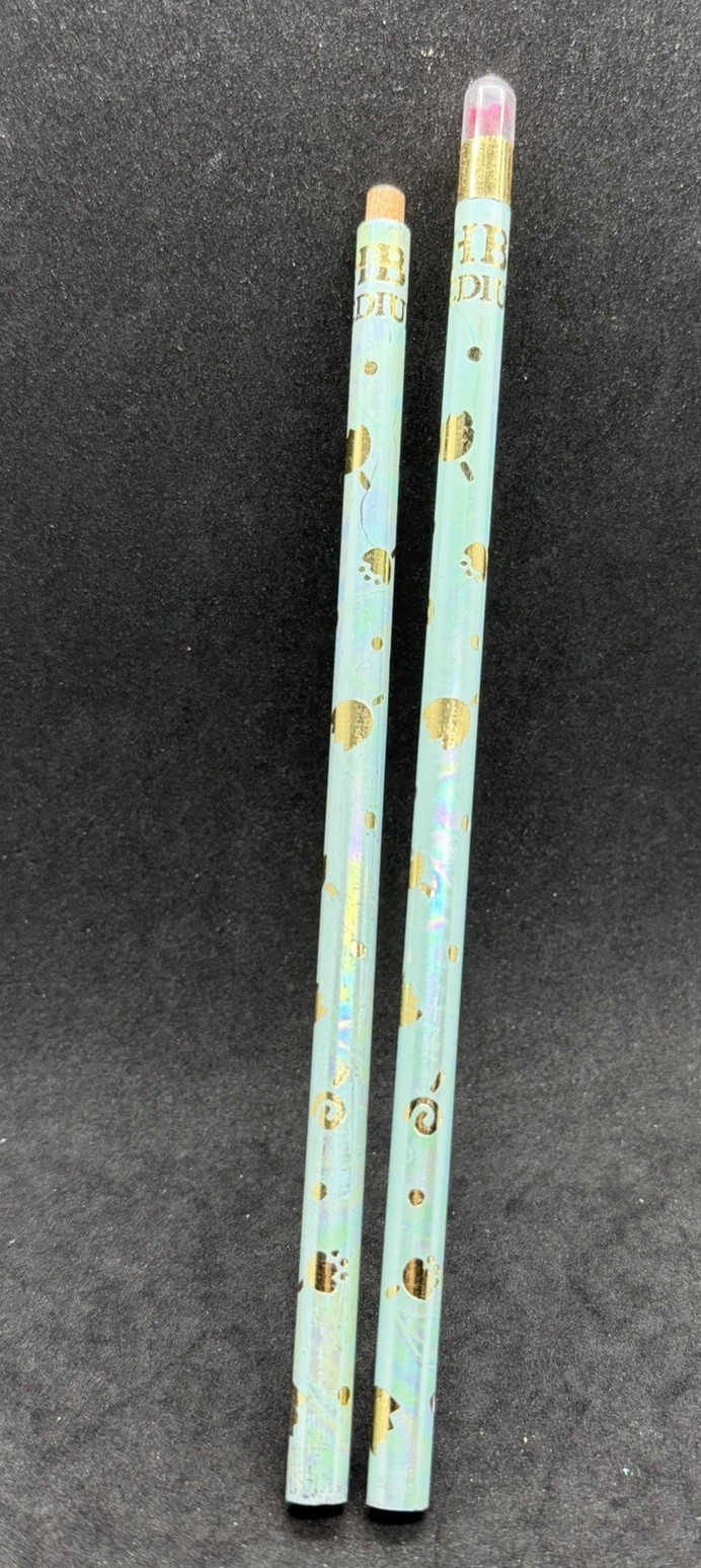 Vintage Sanrio Pencil Set Mint Green Iridescent Gold Foil Flowers W/topper 1988