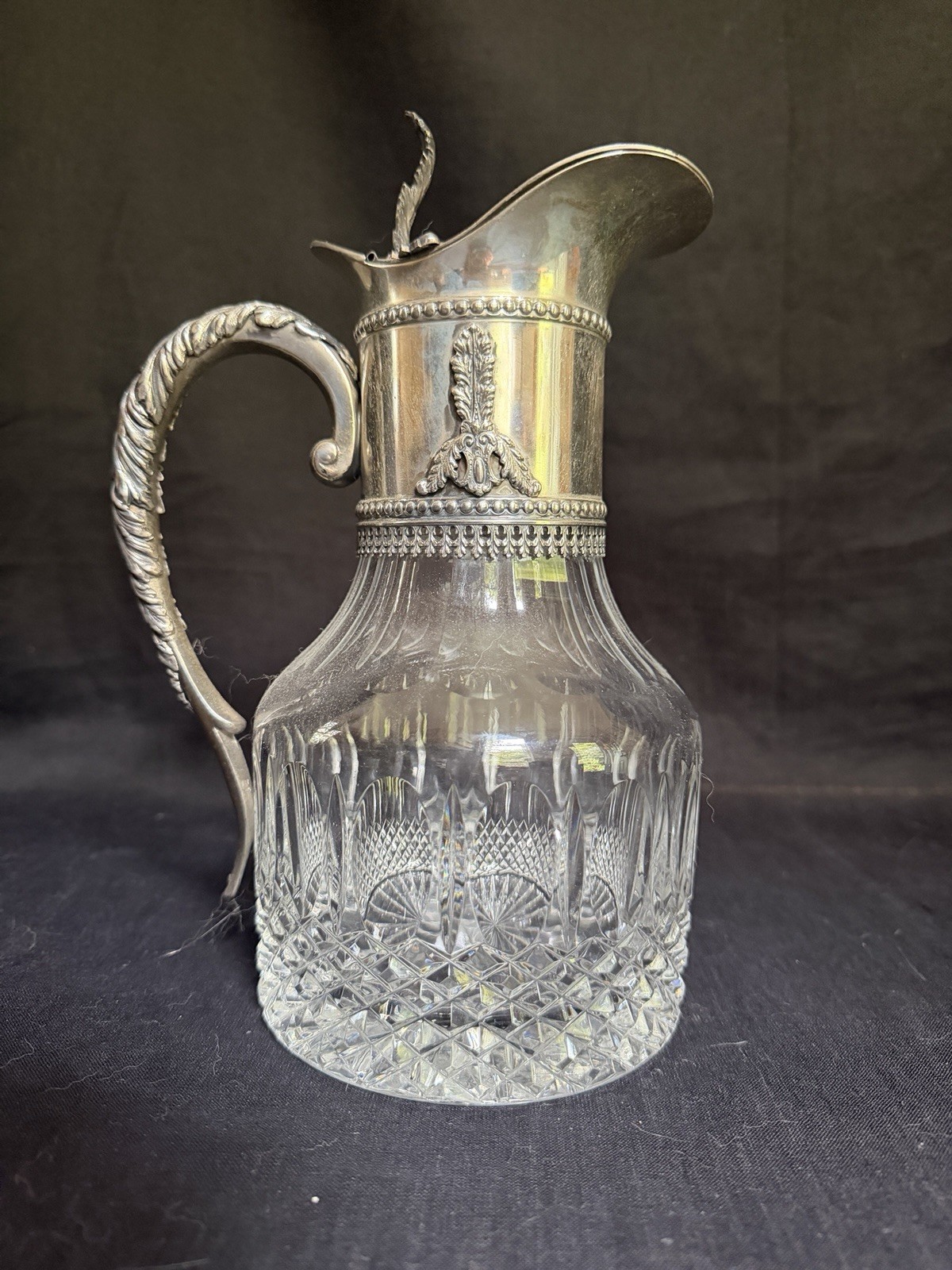 Vintage Italian Silver Plated Cut Glass Claret Jug Decanter Wine Pitcher Italy