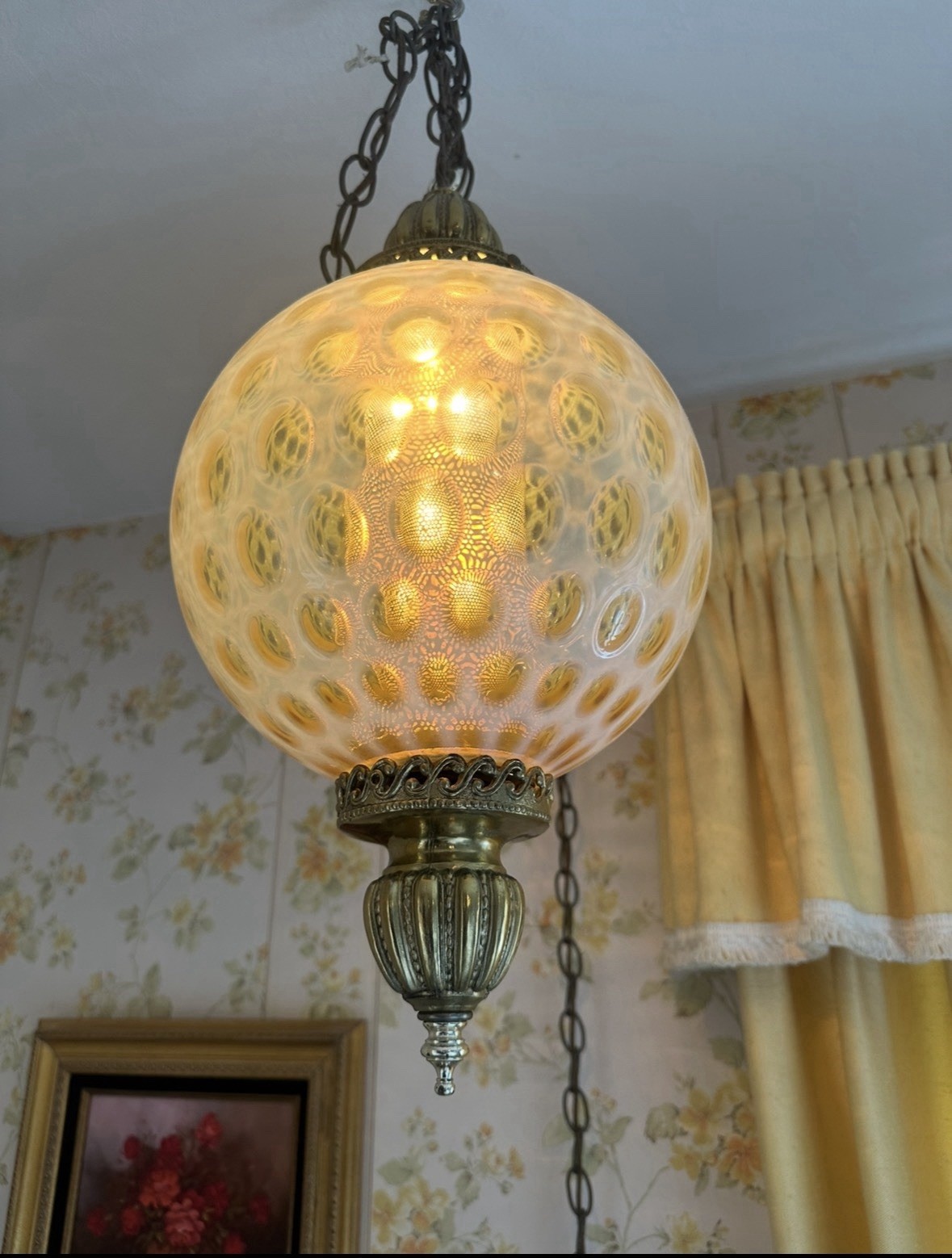 Vintage Fenton Coin Spot Dot Pendant Swag Ceiling Lamp Light Opalescent Hanging-