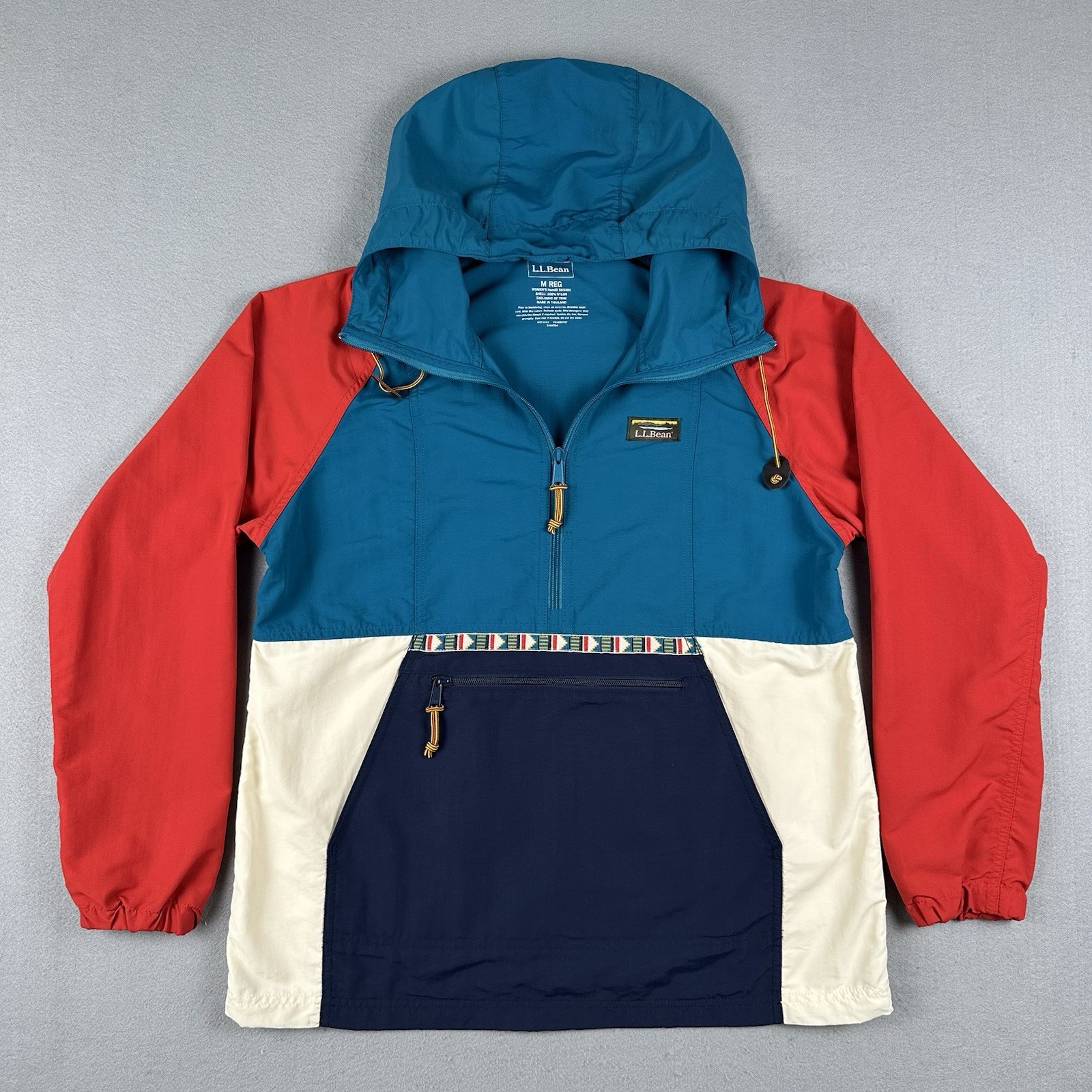 LL Bean Mountain Classic Anorak Jacket Women’s Medium Blue Red Hooded Pullover