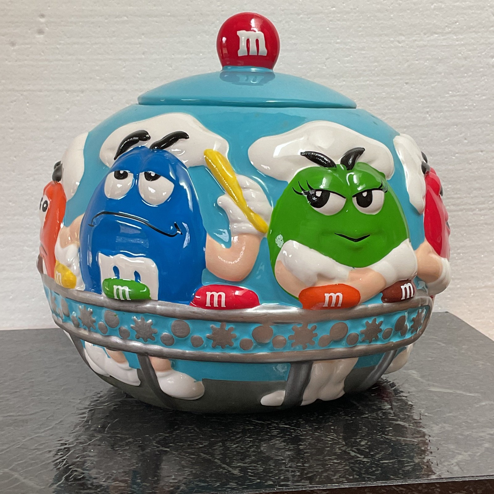 Vintage 2002 M&M\'s Blue Bakery Chef Baker Ceramic Cookie Jar Candy Jar 7.5\ Vintage 2002 M&M\'s Blue Bakery Chef Baker Ceramic Cookie Jar Candy Jar 7.5\