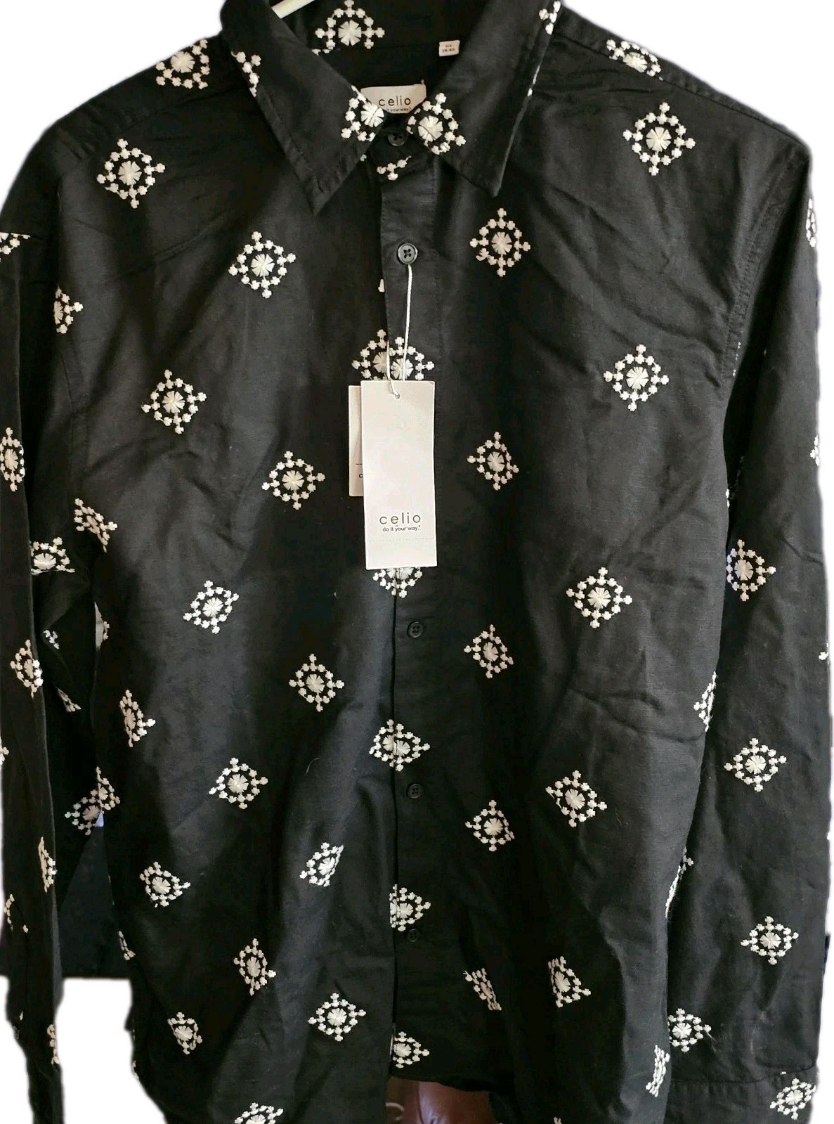 Celio Button Up Shirt Size Large Mens Lyocell/ Cotton Black Long Sleeve Embroid