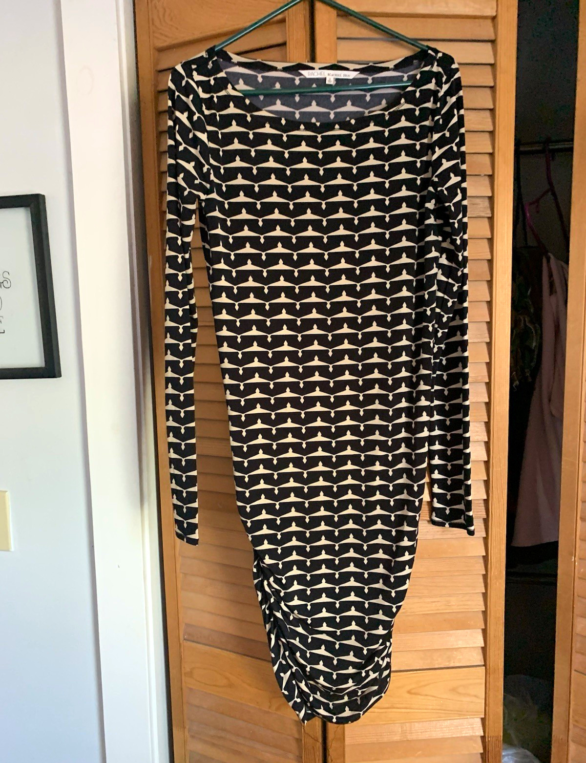Rachel Roy Black/beige Geometric Ruched Bodycon Scoop Neck Midi Dress S Rachel Roy Black/beige Geometric Ruched Bodycon Scoop Neck Midi Dress S