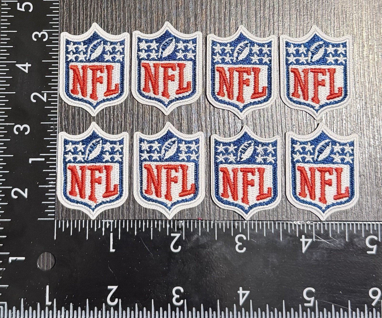 LOT OF 8 SMALLER COLLAR SIZE NFL LOGO SHIELD IRON ON  PATCH SEE PHOTOS/ RULER