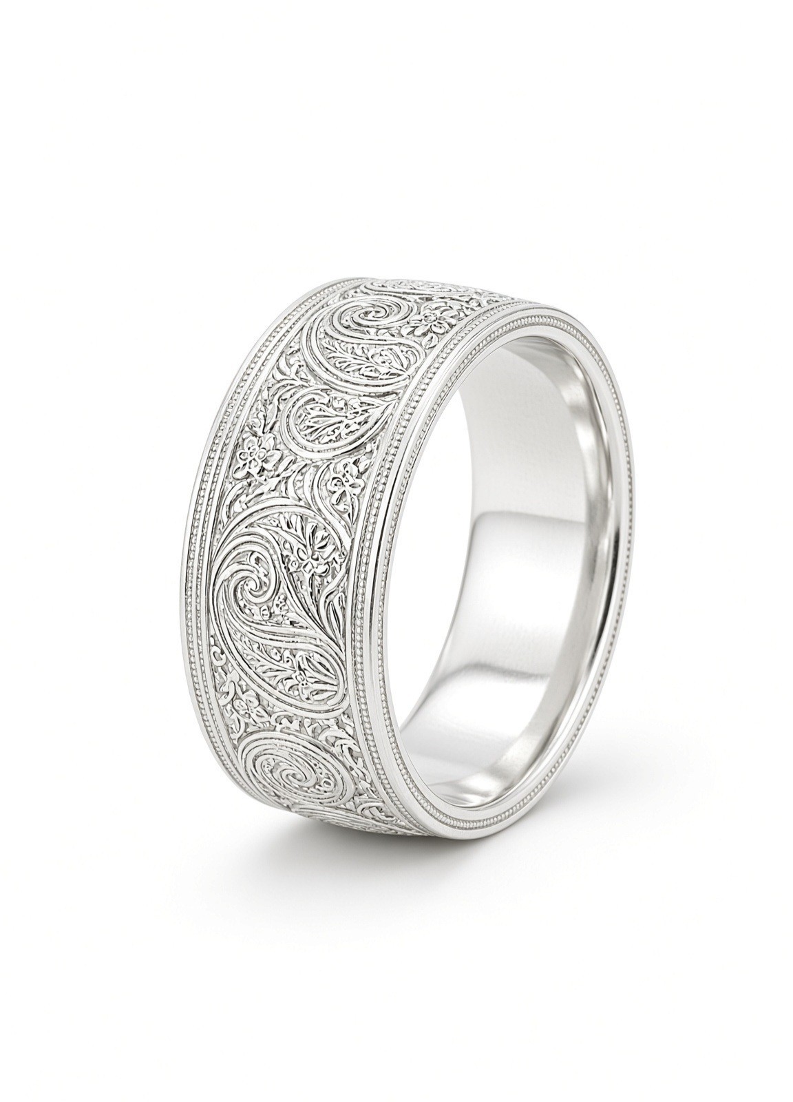 Antique Style Paisley Floral Engraved Wide Band Ring 925 Sterling Silver