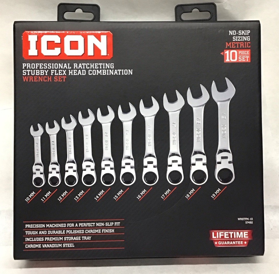 ICON WRSTFM-10 10 Piece Ratcheting Stubby Flex Head Wrench Set Metric 10-19mm ICON WRSTFM-10 10 Piece Ratcheting Stubby Flex Head Wrench Set Metric 10-19mm