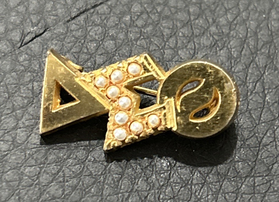 Vintage Delta Sigma Theta Sorority Badge Pin - Gold Tone & Seed Pearls