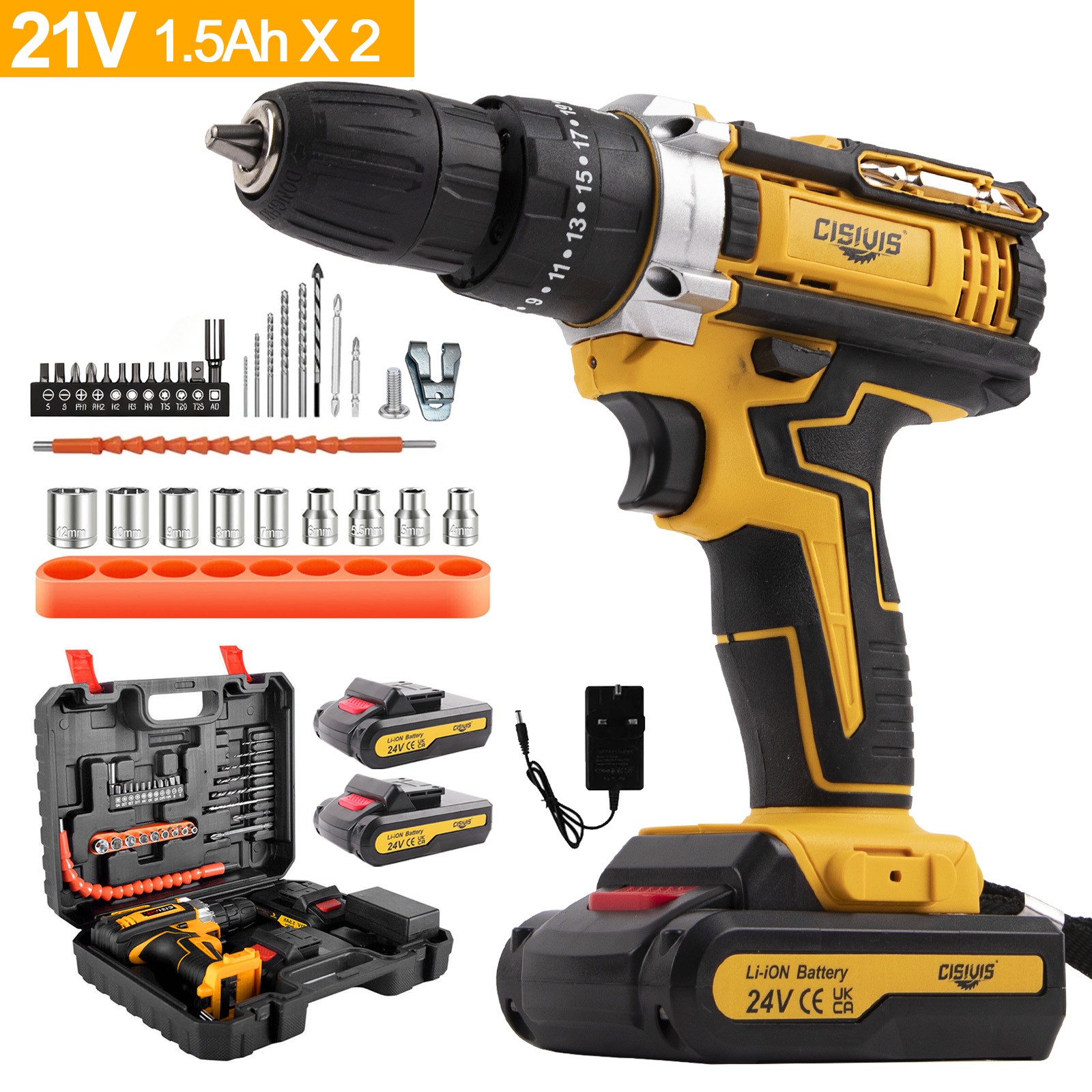 24V Electric Power Drill with 3/8 Keyless Chuck and 2 Batteries Cordless Drill