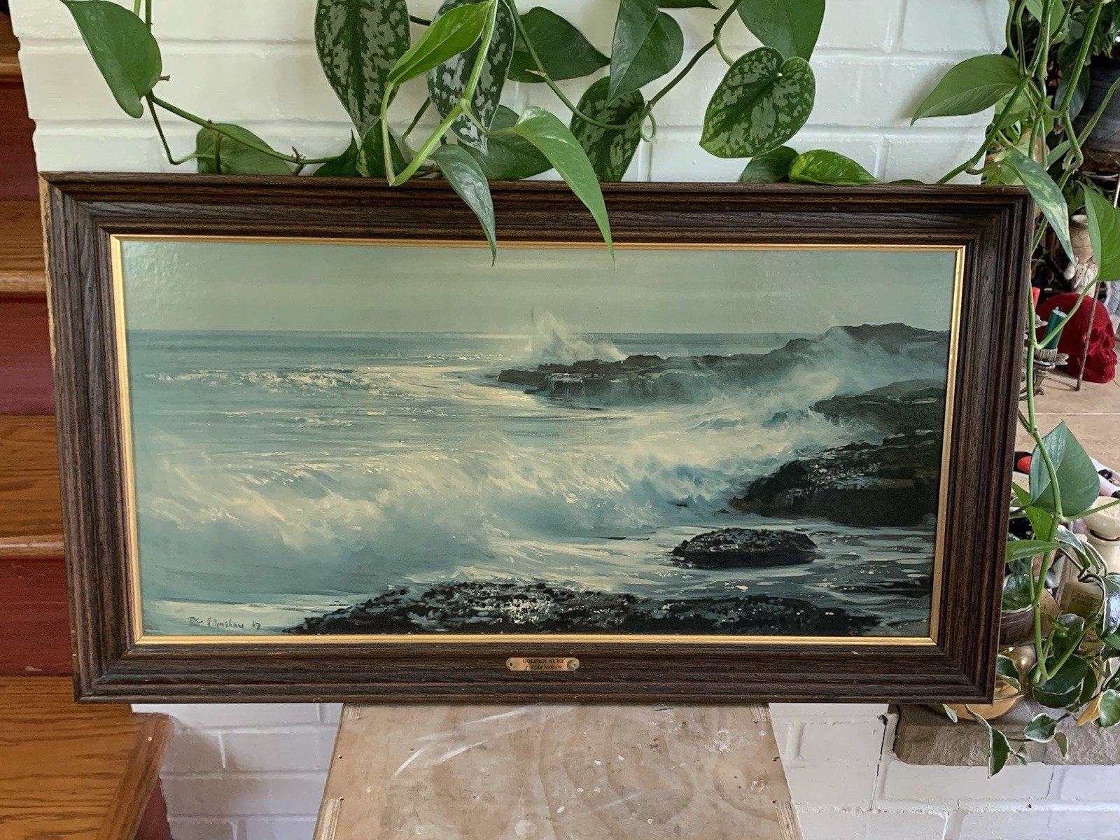 Vintage Peter Ellenshaw GOLDEN SURF Litho Wood Frame Name Plaque NO GLASS,20x35”