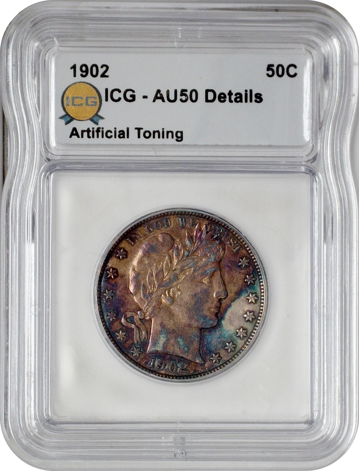 1902 Barber Half Dollar 50¢ ICG AU50 About Uncirculated Detail Artificial Toning