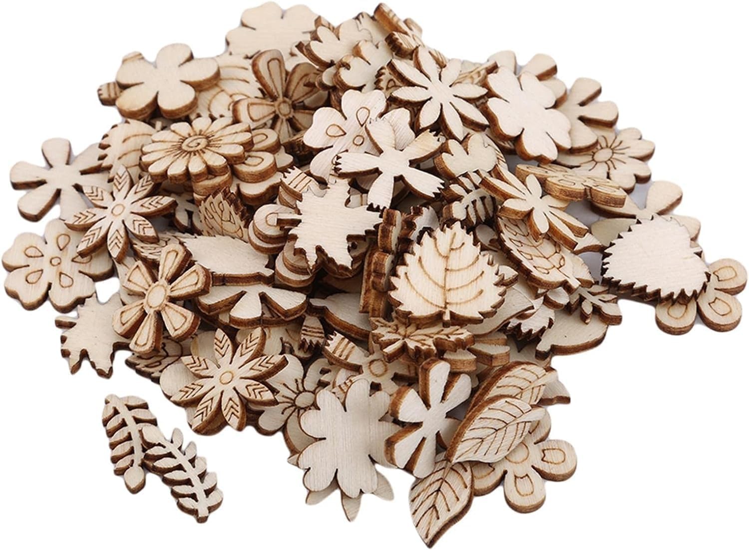 100 Pcs Unfinished Wooden Flower Wood Slice Leaf Pattern Wood Cutouts Pieces ...