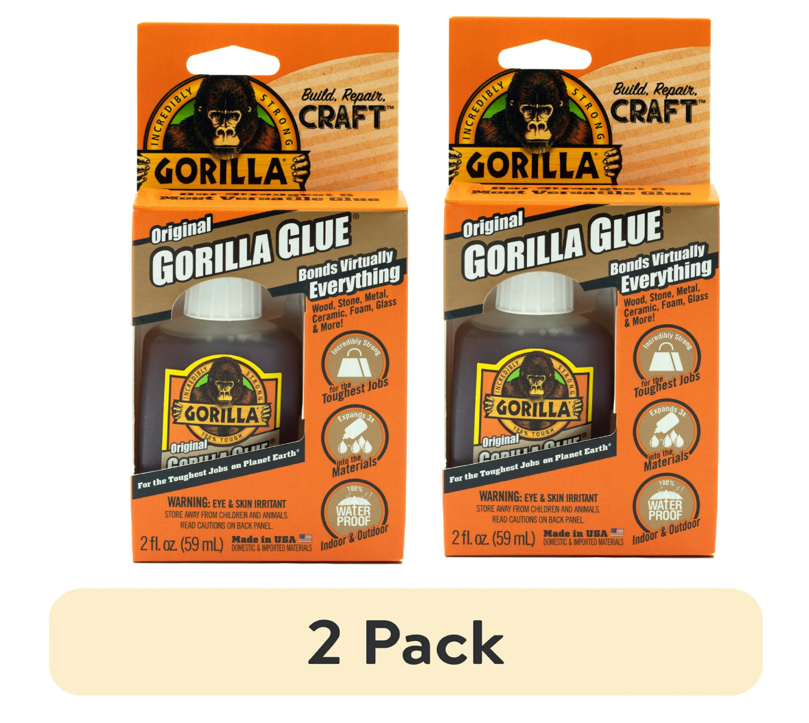 Gorilla Original Waterproof Polyurethane Glue, 2 ounce 2 - Pack, Brown
