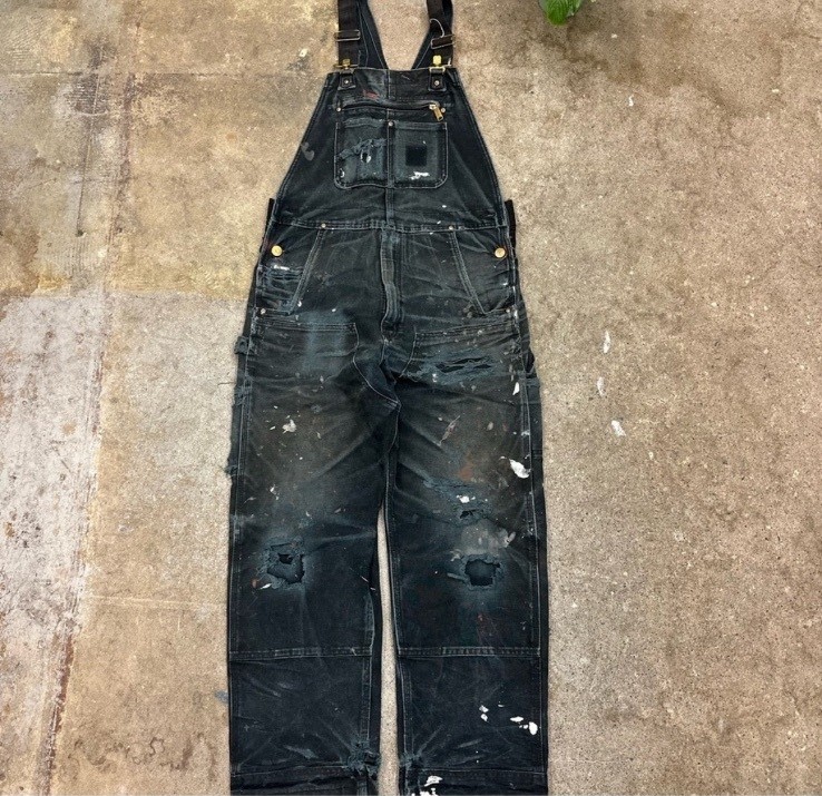 Carhartt Faded Black Thrashed Double Knee Bib Overalls 32x32