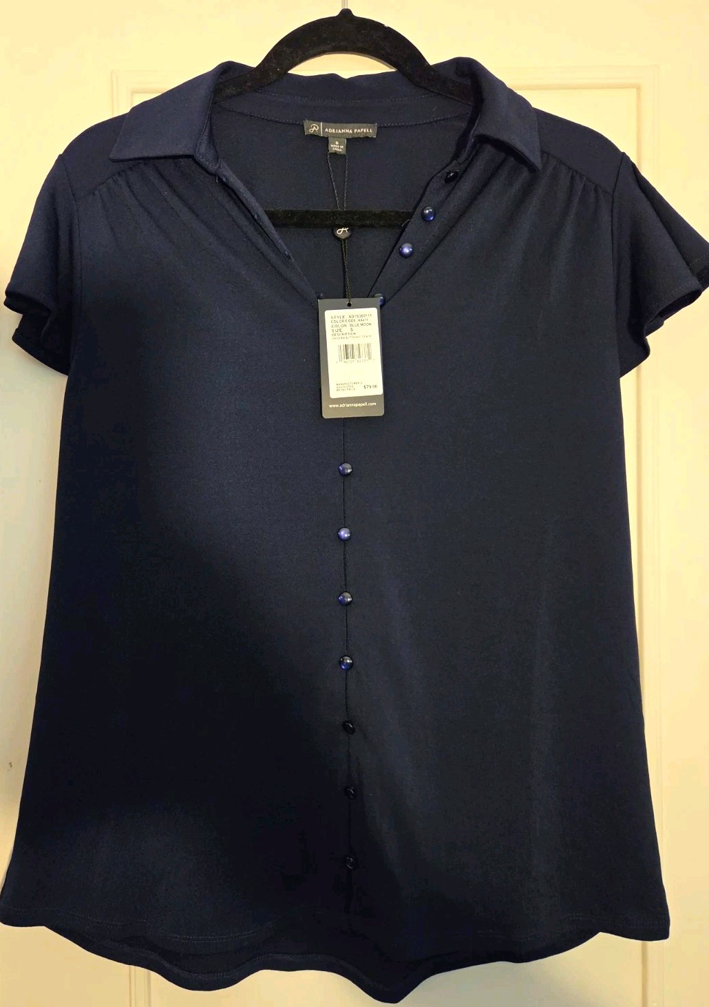 Adrianna Papell Blue Solid Collared Button Front Short Sleeve Blouse Top S Adrianna Papell Blue Solid Collared Button Front Short Sleeve Blouse Top S