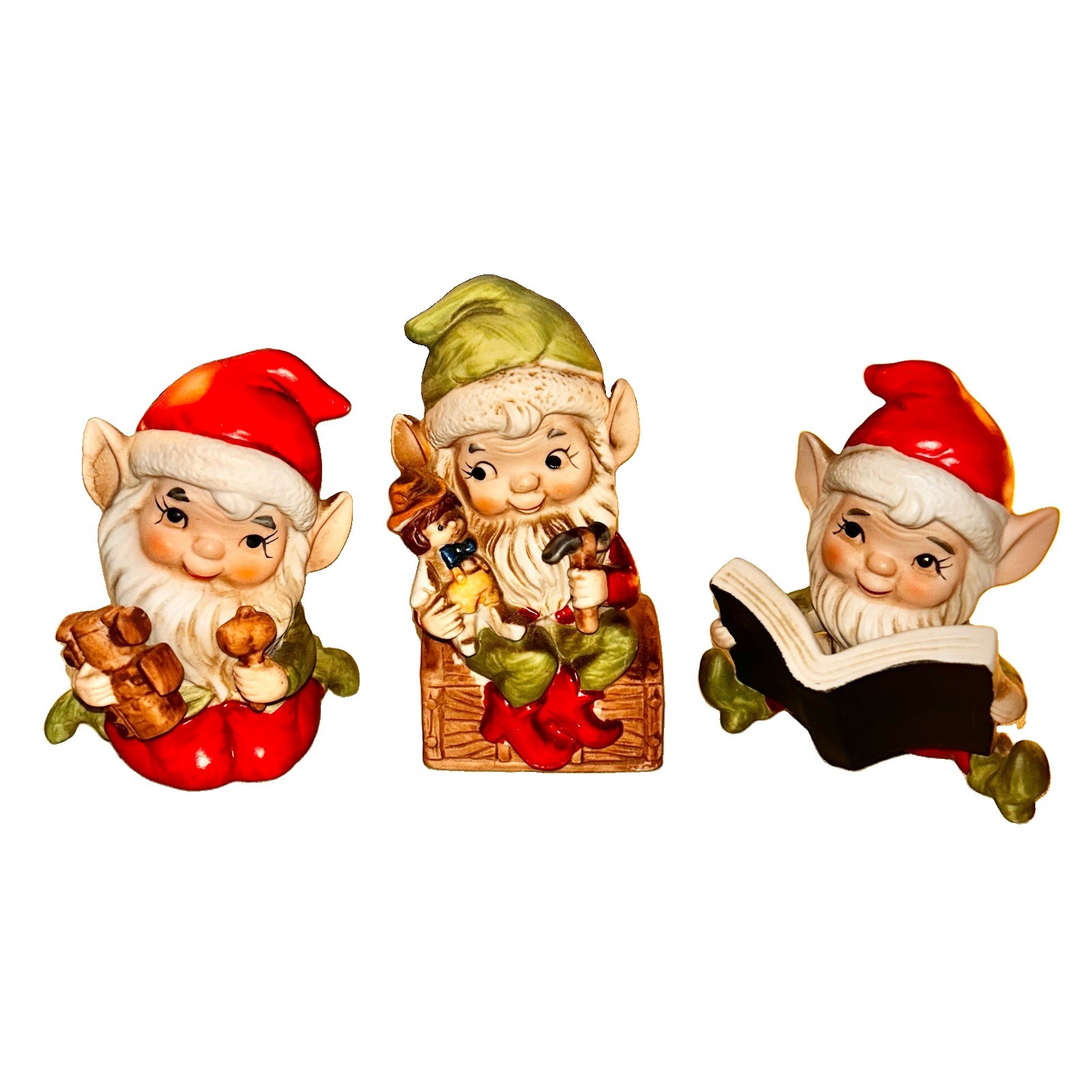 Vintage Set of 3 Homco # 5406 Ceramic Christmas Elf Pixie Gnome Figurines