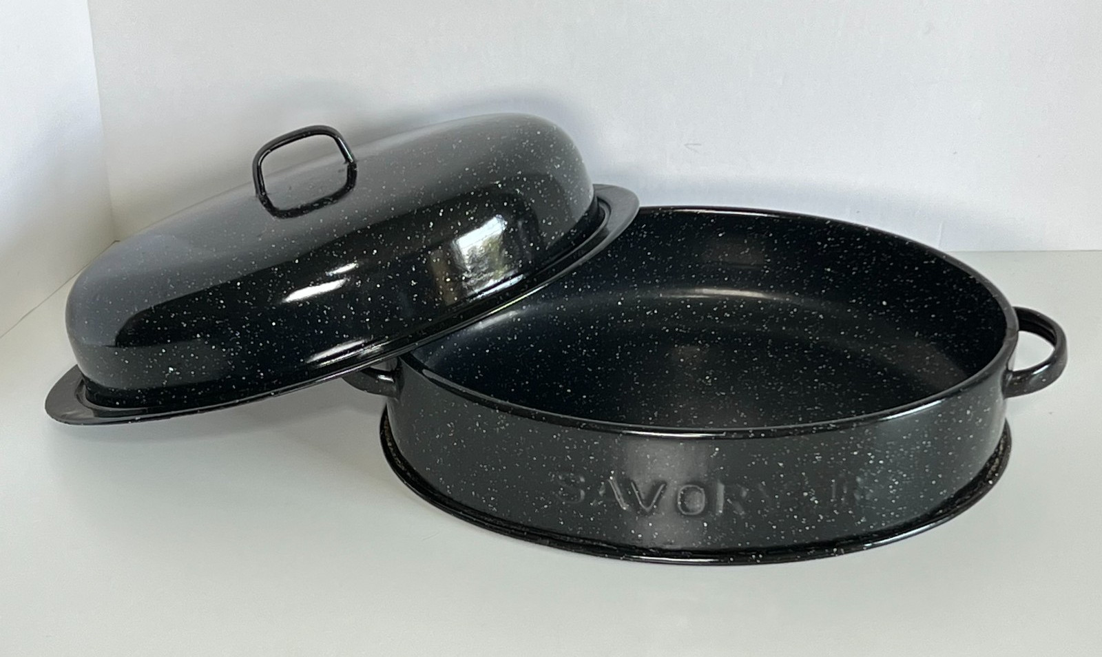 Savory Jr Black Graniteware Roasting Pan Oval Enamelware w/ Splatter Lid Vintage