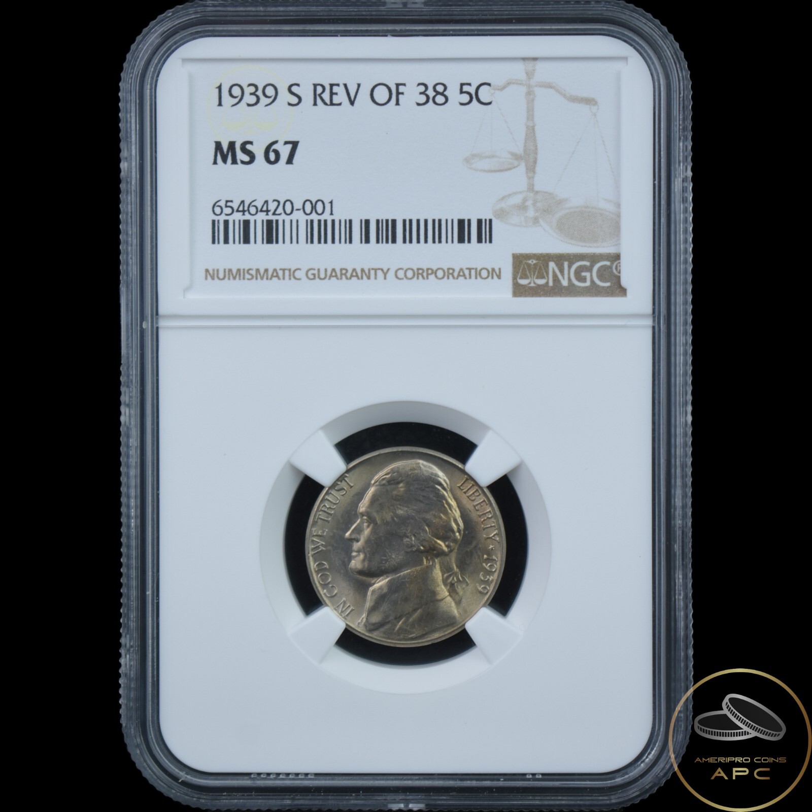 1939 S Rev of 38 Jefferson Nickel Uncirculated NGC MS67 5C