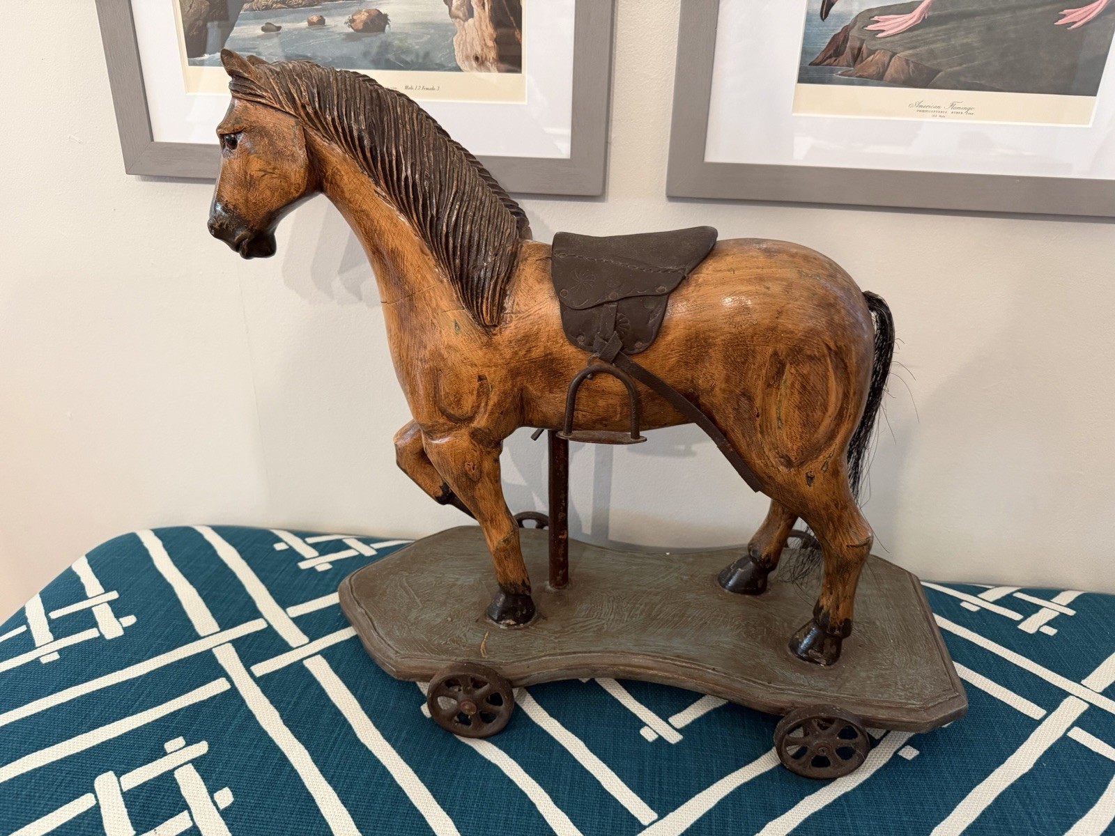 Antique Large Carved Wooden Horse Pull Toy w/ Leather Saddle & Cast Iron Wheels Antique Large Carved Wooden Horse Pull Toy w/ Leather Saddle & Cast Iron Wheels