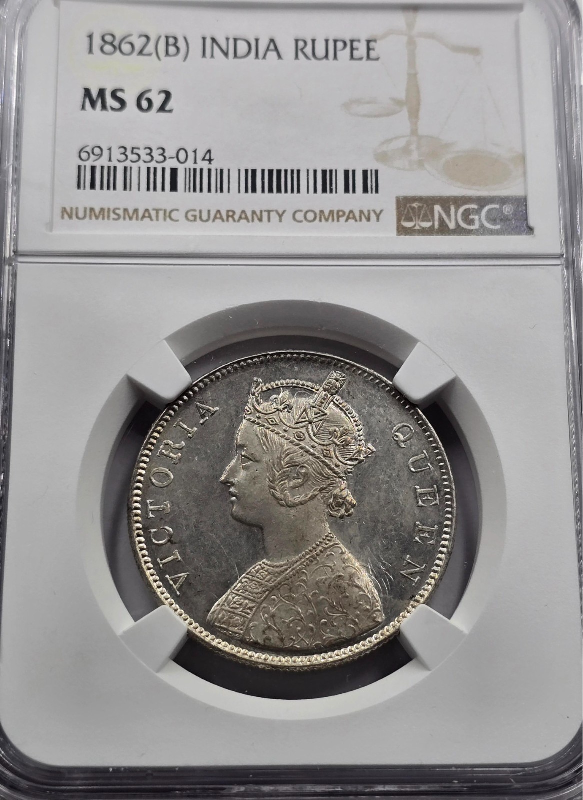 British India Silver 1 rupee 1862 B Victoria Gothic style NGC MS62