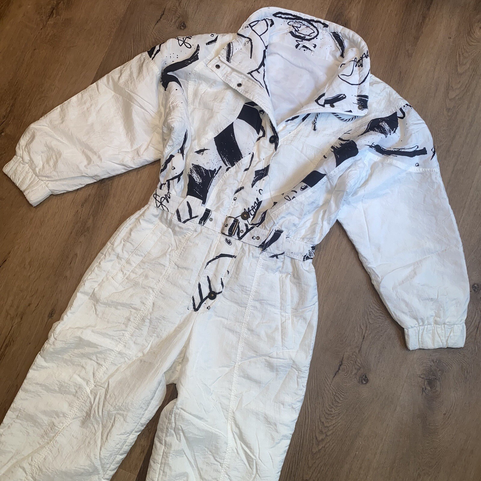 Vintage Ski Suit Womens One Piece Snowsuit White Black 1980s Snow Bib 42 Large