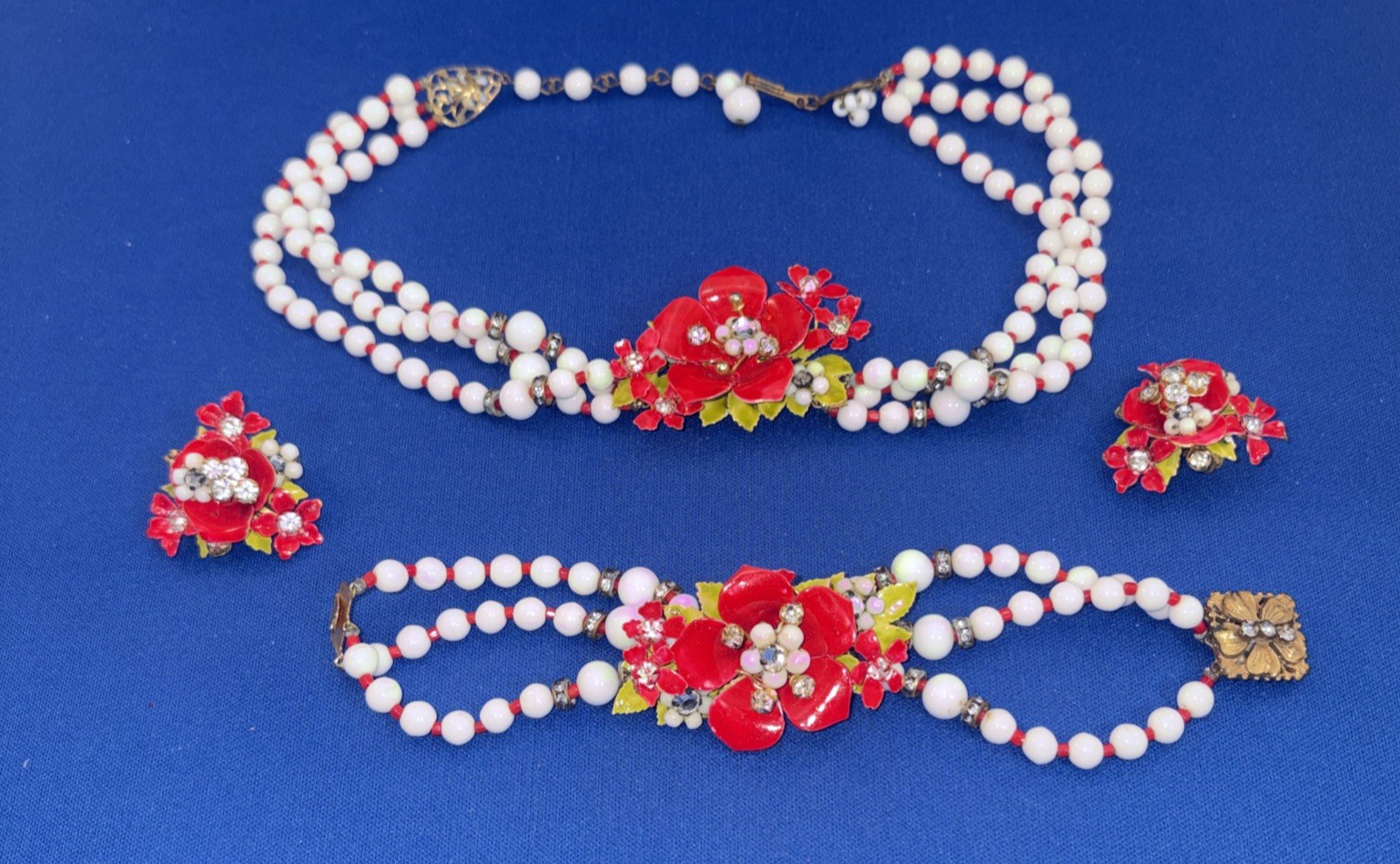 Vintage Robert Parure Necklace, Bracelet & Earring Set W/Red Flowerx - READ