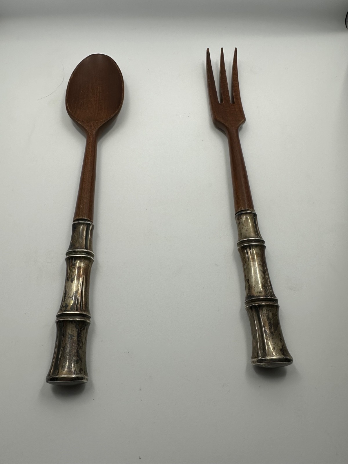 Tiffany & Co Bamboo Sterling Silver Wood Salad Servers 10 3/4\