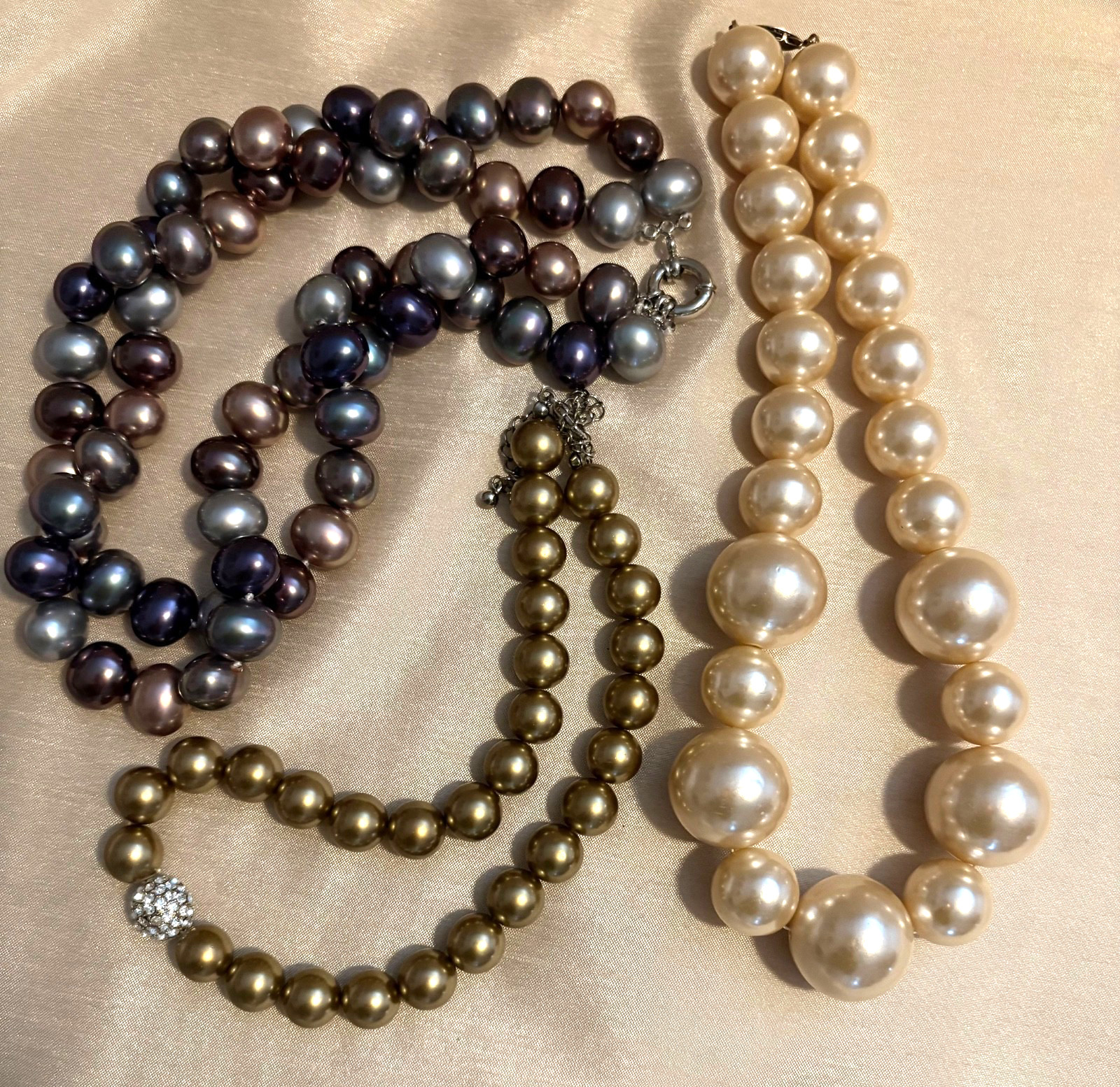 Peacock Freshwater Pearls, Mocha Beads Rhnst, Chunky White Pearl Necklace Lot +