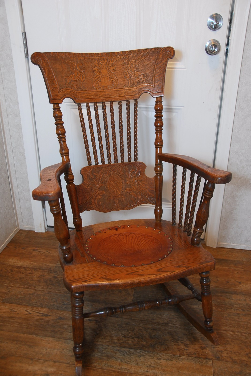 ANT~1800's~Victorian Pressed Back Oak Winged Griffons Rocking Chair~leather seat ANT~1800's~Victorian Pressed Back Oak Winged Griffons Rocking Chair~leather seat