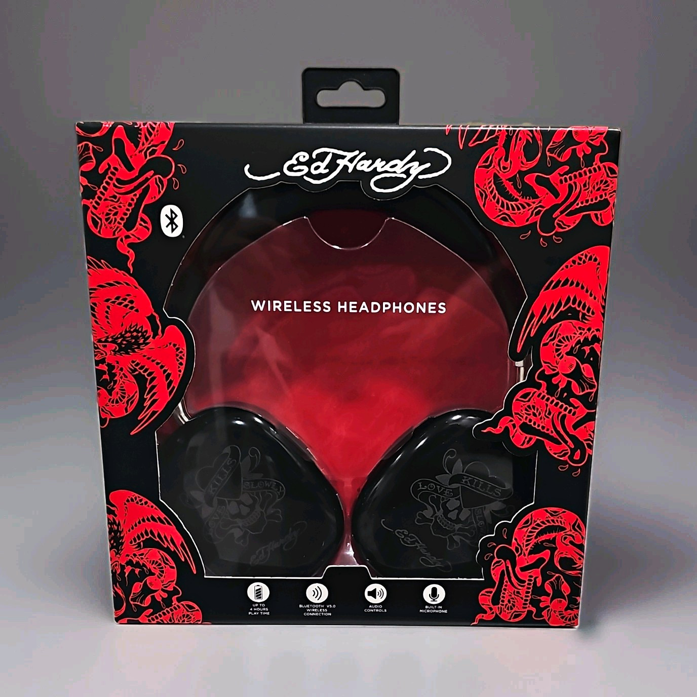 Y2K Style Ed Hardy Bluetooth 5.0 Wireless Over-Ear Headphones Mic Black/Red Y2K Style Ed Hardy Bluetooth 5.0 Wireless Over-Ear Headphones Mic Black/Red