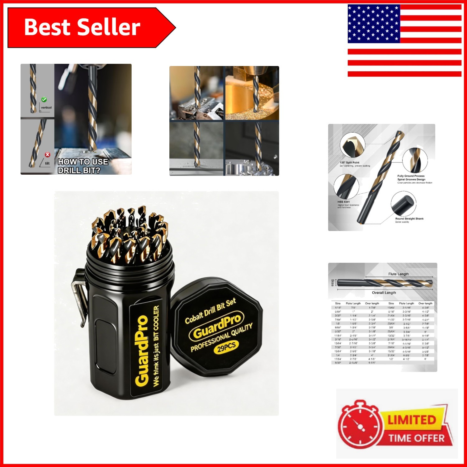 Complete 29-Pc Cobalt Drill Bit Set - Self-Centering Design for Perfect Drilling