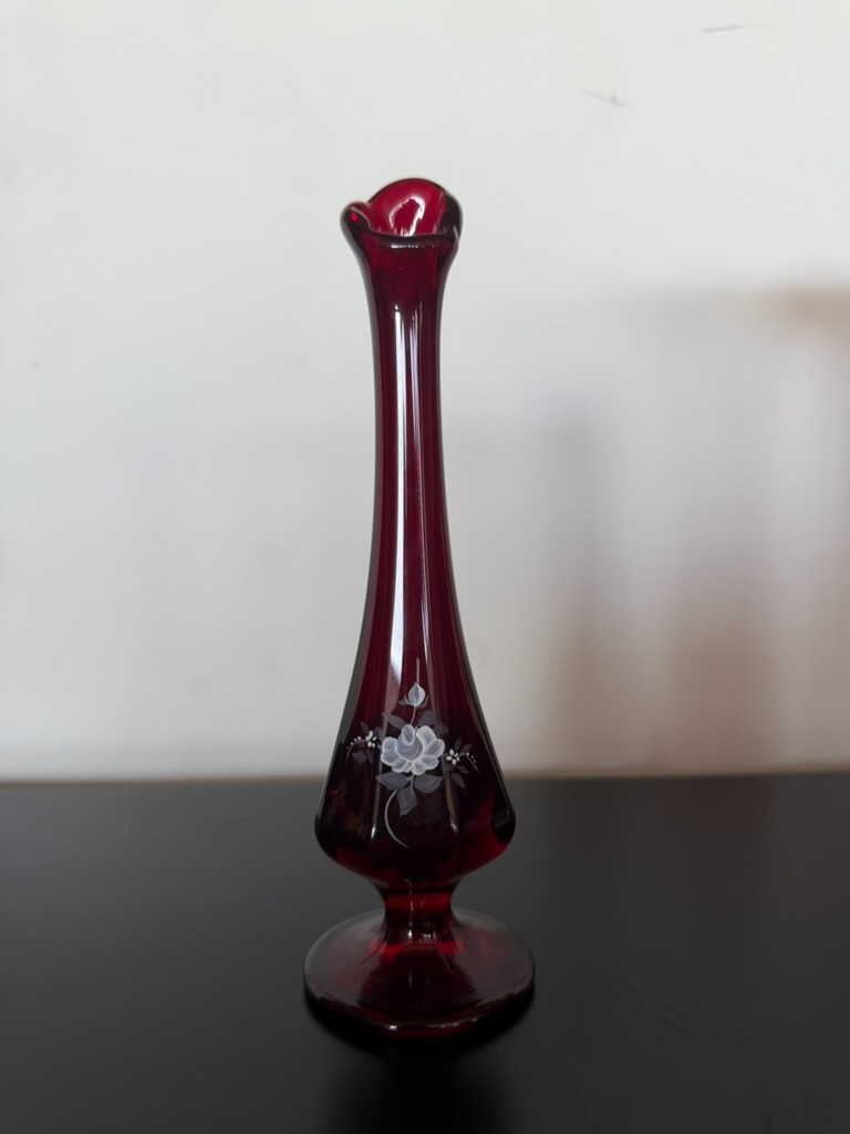 Fenton Ruby swung vase (8 1/2in) hand-painted rose decoration (signed S. Walsh)