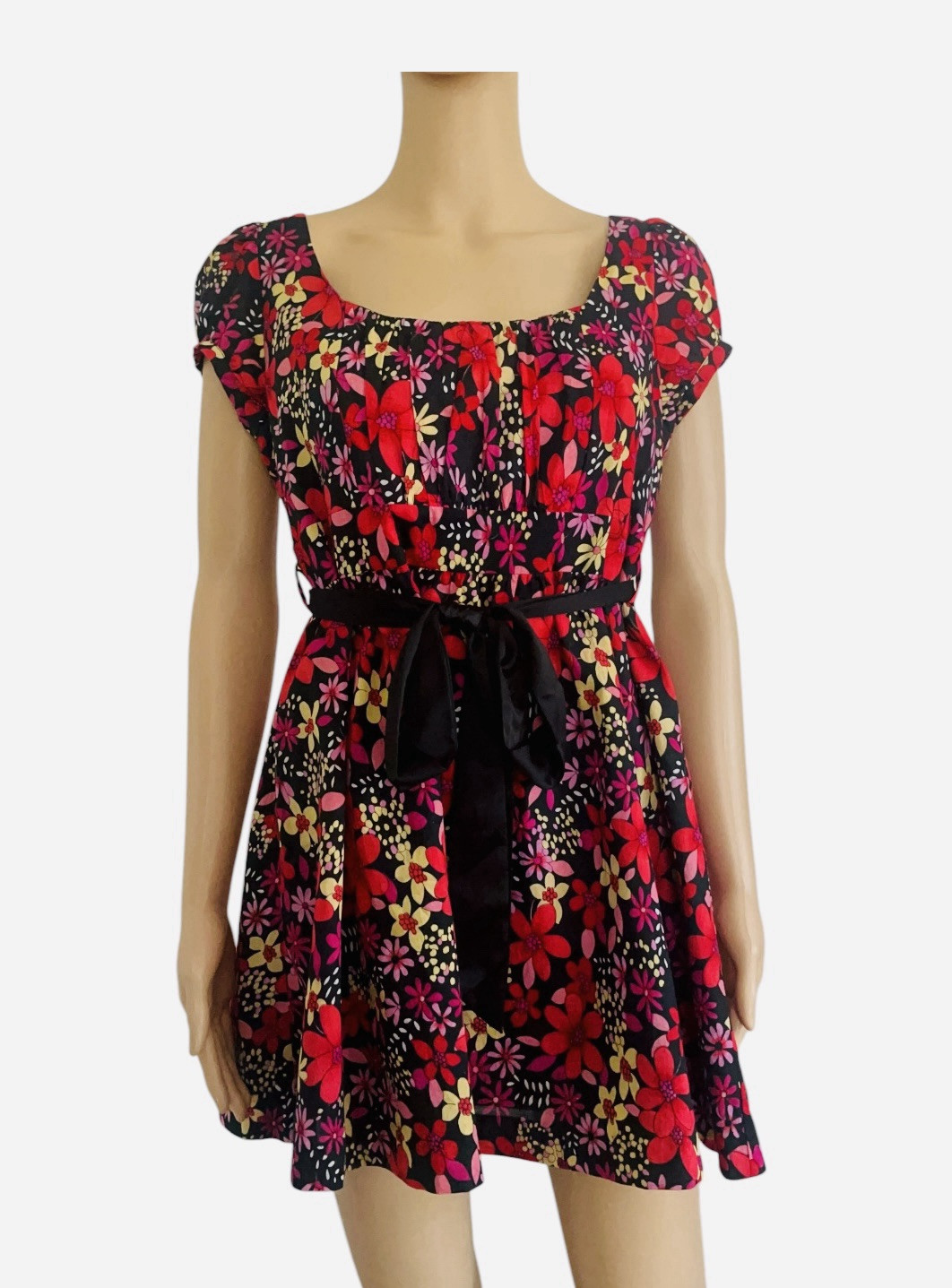 Forever21 cotton retro Junior L summer mini dress multicolor scooped ruched neck