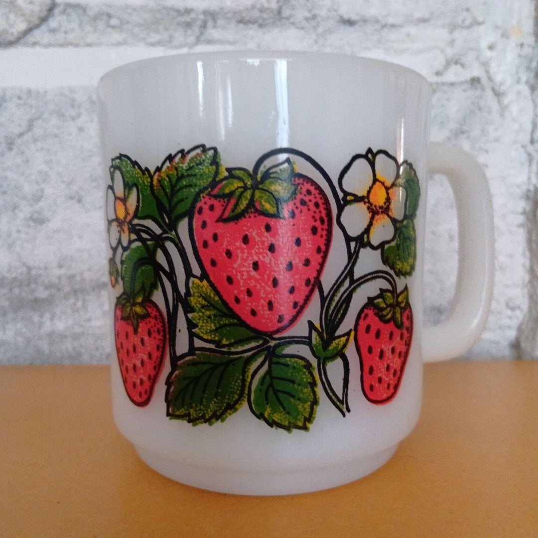 Glasbake Mug Strawberry Pattern Milk Glass