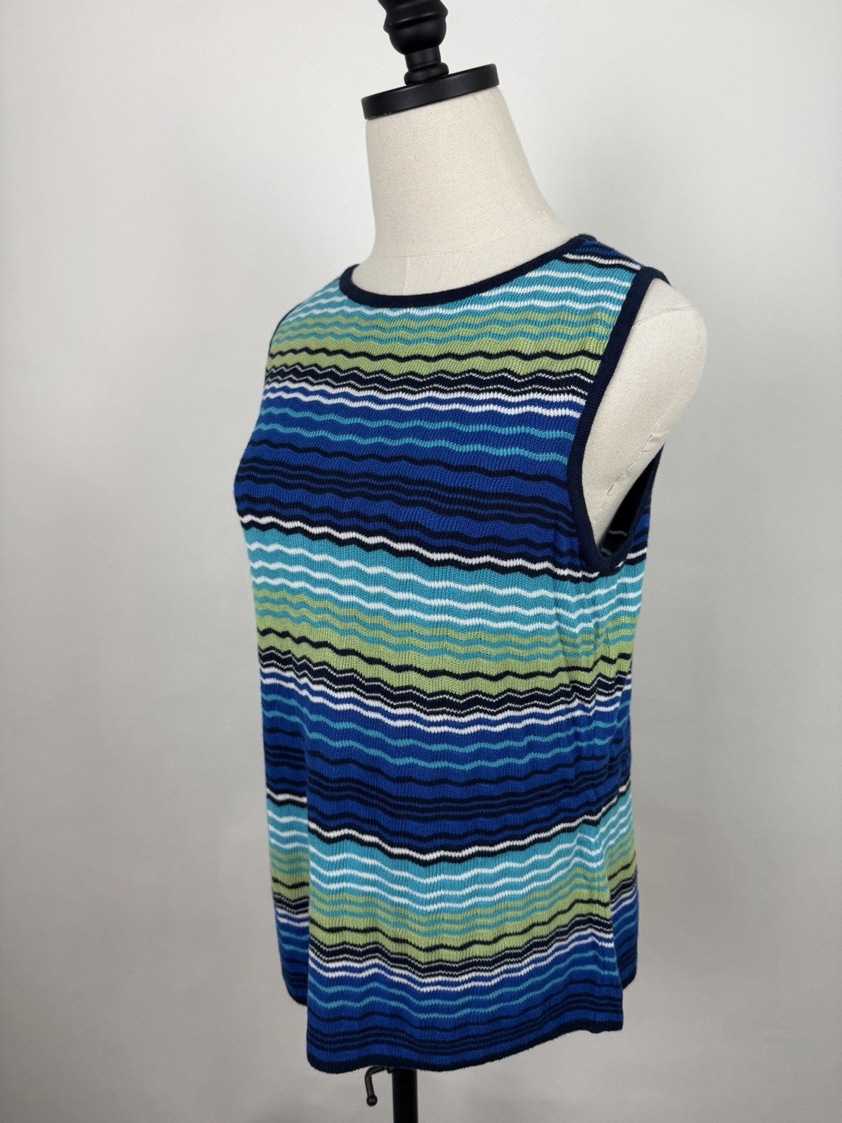 Vintage Y2K Knit Top Womens Large Chevron Striped Sleeveless Sweater Blue Green