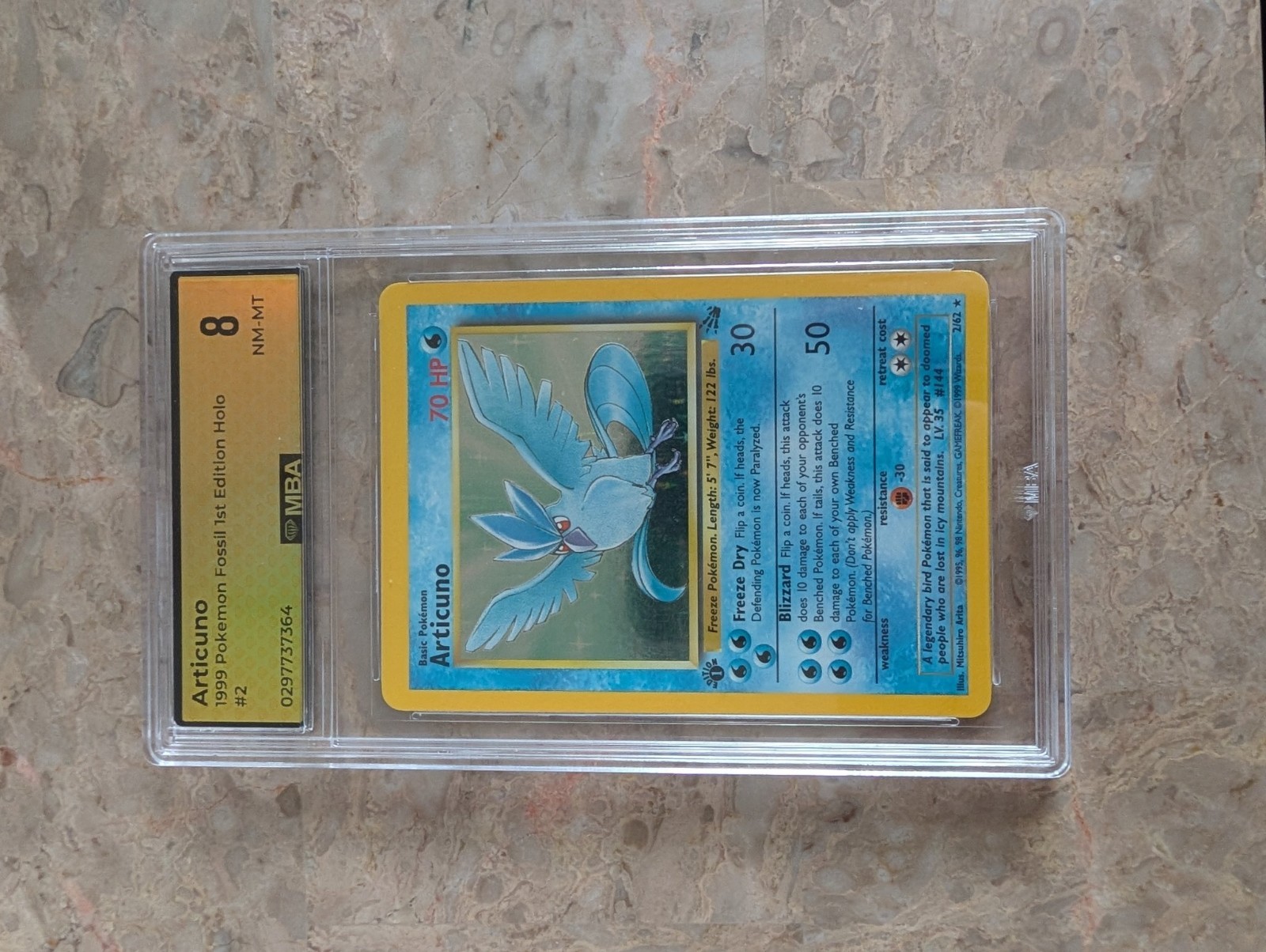Articuno 1999 Pokemon Fossil 1st Edition Holo #2/62 - MBA 8 Graded Slab Articuno 1999 Pokemon Fossil 1st Edition Holo #2/62 - MBA 8 Graded Slab