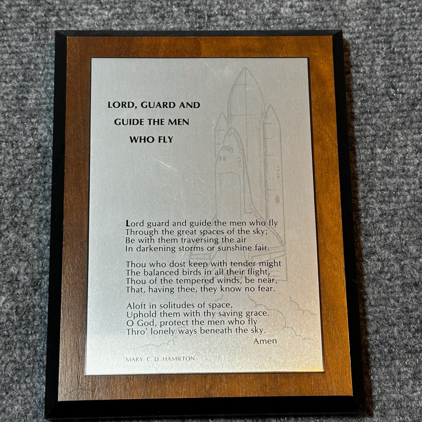 VINTAGE NASA Plaque Wooden Lord Guard Guide The Men Who Fly Mary Hamilton