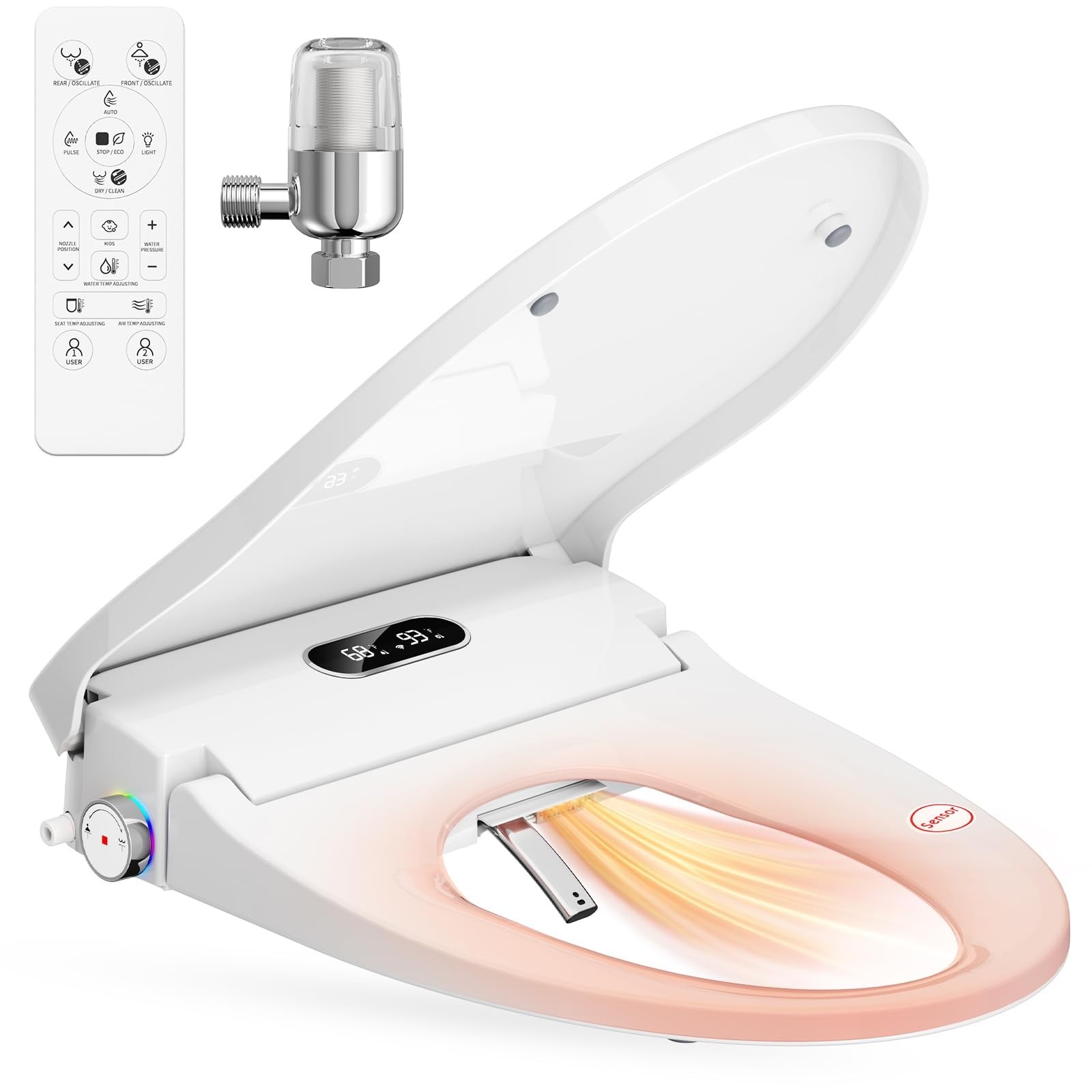 Elongated Smart Bidet Seat Heated Warm Air Dryer Stainless Steel Nozzles Remote