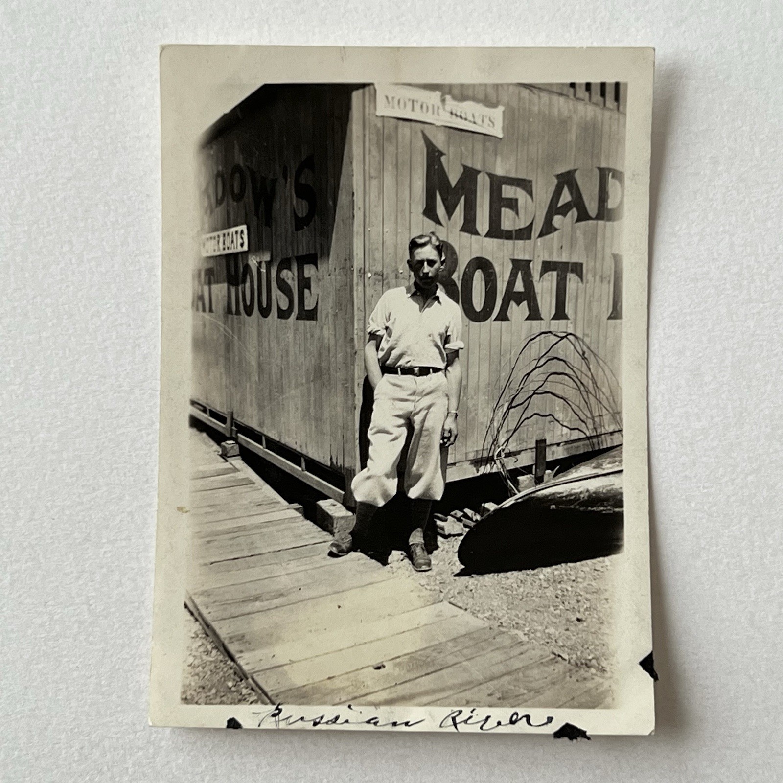 Vintage Snapshot Photograph Man Meadow’s Motor Boat House Russian River CA