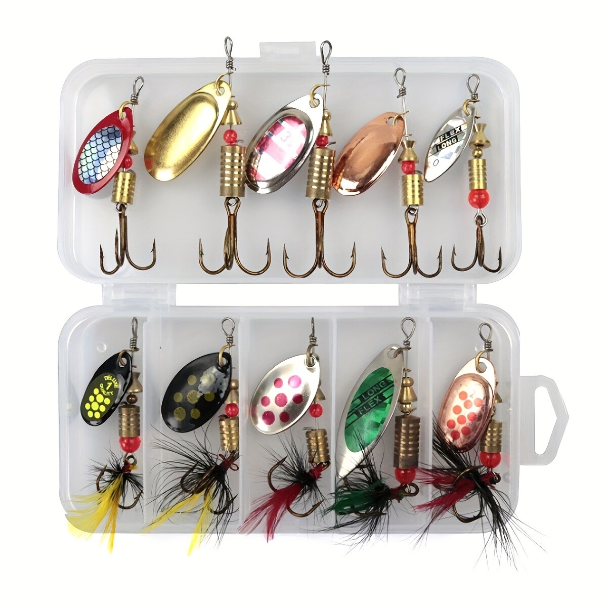 10pcs Spinning Lure Kit with Box Metal Fishing Baits for Trout, Bass, Salmon