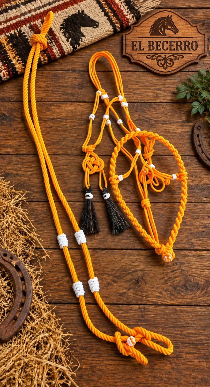 Bosal Riendas Amarillo/Blanco Charras Cerdas Yellow/White Horse Halter/Lead Rope